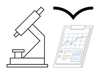 Microscope alongside a clipboard with graphs and charts, symbolizing analysis, research, innovation, and problem-solving. Ideal for science, education, laboratory, innovation biology data simple