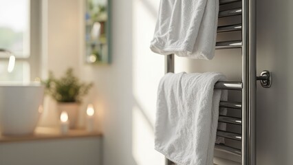 Fresh white towels hanging on a heated towel rail in a modern bathroom.