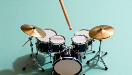 Miniature drum kit on mint background with visible drumstick mid-air