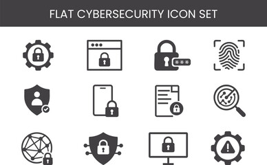 Flat cybersecurity icon set. digital data protection, online privacy, secure network, encryption, cloud safety, and user authentication vector symbols in modern flat style