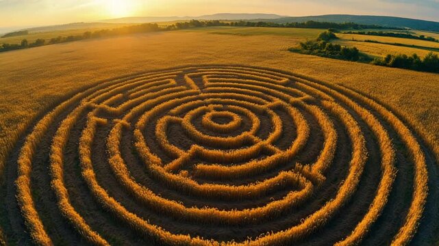 Aerial View of a Crop Circle Maze at Sunset.