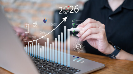 Professional entrepreneur businessman focus on 2026 trend growth business projection corporate challenge new opportunity productivity sales forecast insight success growth future strategy idea upward