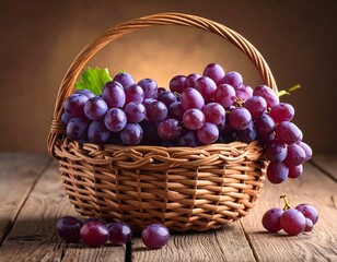 A basket overflowing with plump, purple grapes, set on a wooden surface