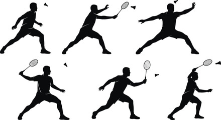 Black silhouette vector set of badminton players in action poses with rackets and shuttlecocks, jumping, lunging, swinging, and competitive gameplay scenes