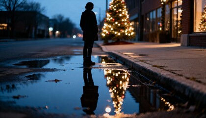 Silhouette of person standing near illuminated Christmas tree reflected in large puddle on city street at dusk