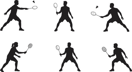 Black silhouette vector set of badminton players in action poses with rackets and shuttlecocks, jumping, lunging, swinging, hitting, and competitive gameplay