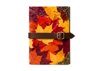 Rustic leather journal with autumn leaf pattern isolated on transparent background