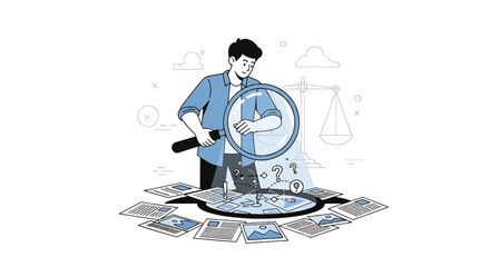 A journalist investigates by examining a magnifying glass over documents and photos in a detailed illustration with a neutral background.