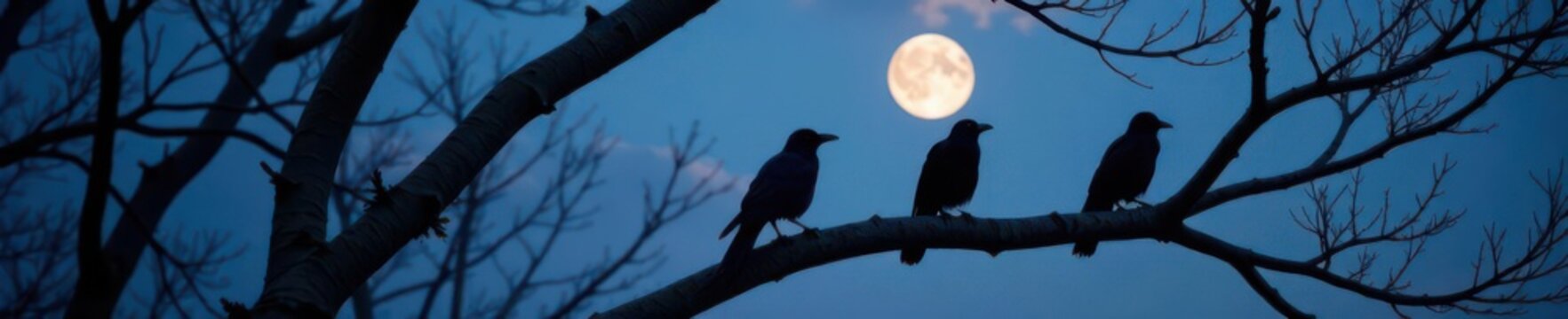 Many crows perched on leafless branches at night, many, roosting