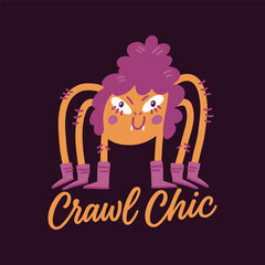 Cute Fashion Spider Illustration. Crawl Chic Funny Cartoon Character. Modern Trendy Halloween Vector Design