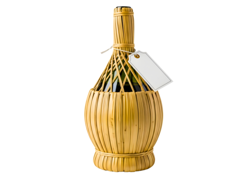 Ornate wicker basket covered glass bottle with blank tag isolated on transparent background