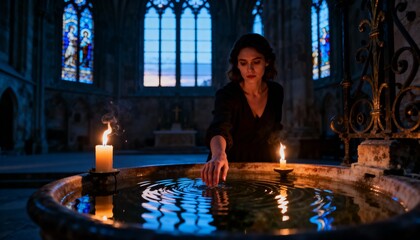 Woman touching water in a large stone basin inside a dimly lit medieval church