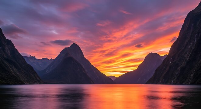 Dramatic sunset over mountain peaks reflected in calm lake waters
