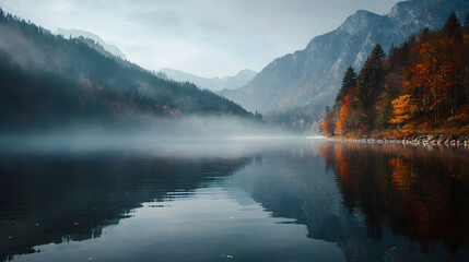 Obraz premium Misty Autumn Lake Reflection in the Mountains