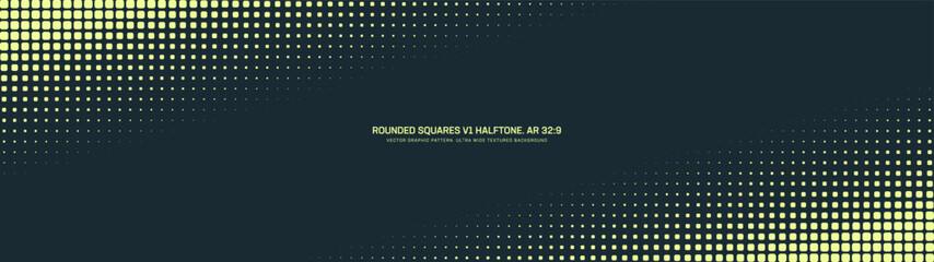Rounded squares grid halftone pattern faded tilted diagonal border ultra wide 32:9 aspect ratio vector yellow black contrast abstract background. Half tone ultrawide format futuristic tech abstraction