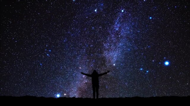 Woman with arms wide open enjoying outdoors under stars, planets and Milky way.	
