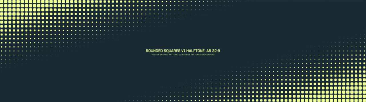 Rounded squares grid halftone pattern faded tilted diagonal border ultra wide 32:9 aspect ratio vector yellow black contrast abstract background. Half tone ultrawide format futuristic tech abstraction