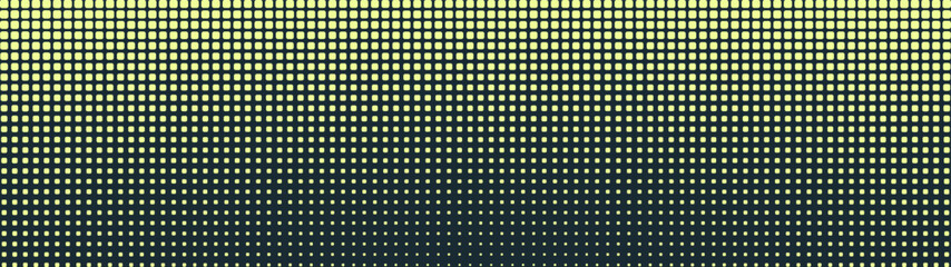 Rounded square particles grid halftone pattern faded texture ultra wide 32:9 aspect ratio vector vibrant yellow black high contrast abstract background. Half tone ultrawide retro styled futuristic bg