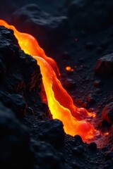 Volcanic Magma Flow Close up of intensely hot, glowing molten magma slowly oozing and flowing down a dark, textured, rocky surface, evoking volcanic activity. No people or text.