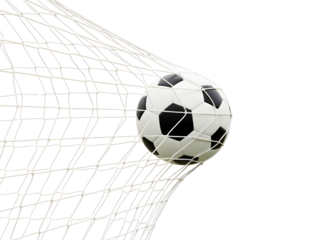 Soccer ball caught in the net isolated on transparent background