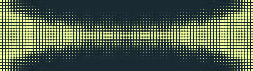 Rounded squares grid halftone pattern bent border ultra wide 32:9 aspect ratio vector yellow black high contrast abstract background. Half tone panoramic format futuristic technology cool abstraction