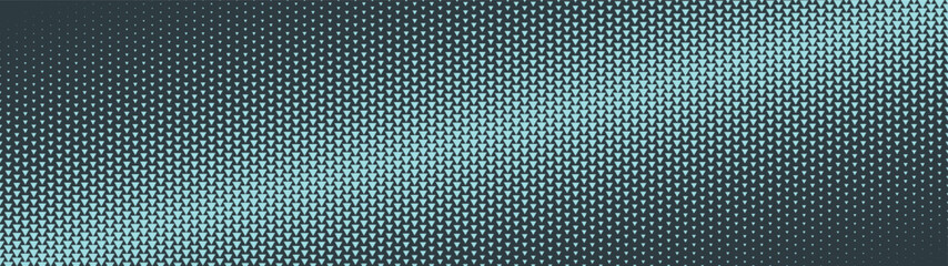 Cyan triangles grid halftone pattern diagonal line border ultra wide 32:9 aspect ratio vector conceptual abstract background. Half tone textured ultrawide format retro futuristic graphical abstraction
