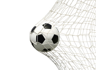 Soccer ball caught in the net isolated on transparent background