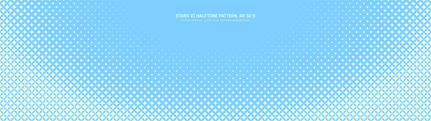 Star shaped trendy halftone pattern semi circle border ultra wide 32:9 aspect ratio light blue vector abstract background. Half tone grid graphic glitter panoramic ultrawide format astral abstraction