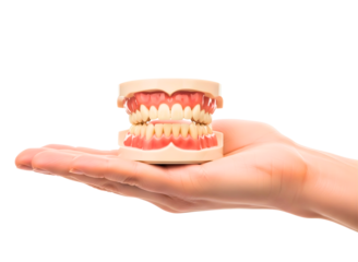 Human hand holding a dental model of teeth isolated on transparent background