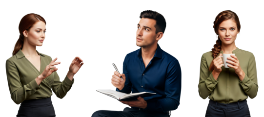 Business team discussion with notebook and coffee, business team meeting, office team collaboration, Isolated on transparent background, png