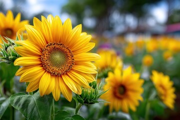 Fototapeta premium Close Up of Sunflower in Field with Blurred Background