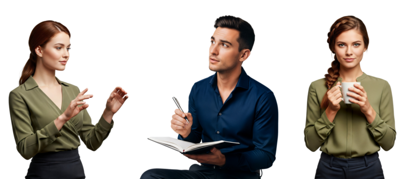 Business team discussion with notebook and coffee, business team meeting, office team collaboration, Isolated on transparent background, png