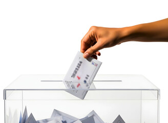 Hand placing ballot paper into transparent ballot box isolated on transparent background