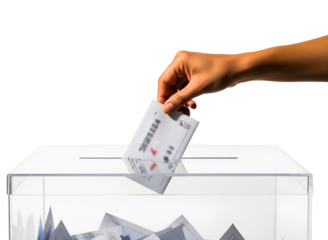 Hand placing ballot paper into transparent ballot box isolated on transparent background