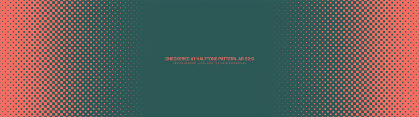 Checkered halftone pattern faded frame ultra wide 32:9 aspect ratio red green vector dotted abstract background. Check half tone textured panoramic ultrawide format cool retro style graphic wallpaper