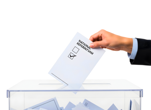 Hand placing ballot paper into transparent ballot box isolated on transparent background