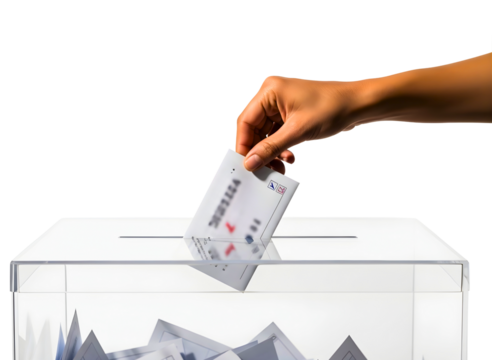 Hand placing ballot paper into transparent ballot box isolated on transparent background