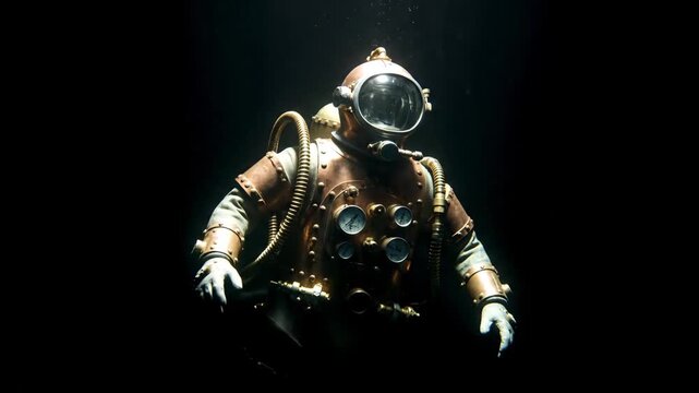 A vintage deep-sea diving suit with a large helmet and chest controls, suspended in dark water with a beam of light from above.