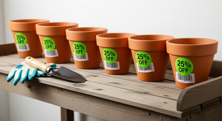 Terracotta pots with 25 off stickers, gardening gloves, and trowel on a wooden shelf, promoting garden supplies and discounts for planting and landscaping projects