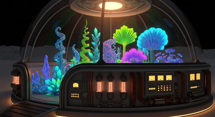 A futuristic biodome on a desolate planet, housing vibrant, otherworldly plants glowing with bioluminescence, showcasing the potential for life beyond earth