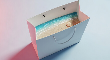 A white shopping bag filled with a miniature beach scene, complete with sand, a seashell, and gentle waves, creating a dreamy and surreal summer vacation concept