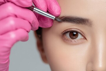 Eyebrow tinting. Master brush dye henna beautiful woman brows in beauty salon. Hand in pink gloves applying of brow hair tint with a brush. Procedure Permanent make up tattoo. Cosmetic procedures.