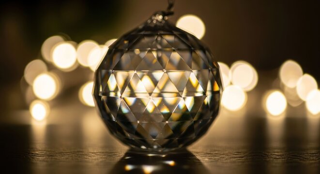 Faceted crystal orb with bokeh light background