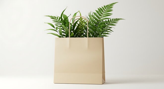 Eco friendly shopping bag filled with lush green plants against a white backdrop