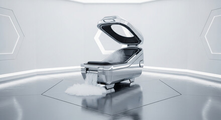 Futuristic cryo chamber with open lid and vapor, isolated on white background, representing advanced technology, medical innovation, and the potential of cryogenic preservation