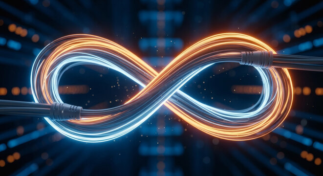 Endless Digital Connection Glowing blue and orange lines merge into an infinity symbol, representing continuous data flow, perpetual energy, and boundless technological possibilities