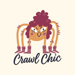 Cute Fashion Spider Illustration. Crawl Chic Funny Cartoon Character. Modern Trendy Halloween Vector Design