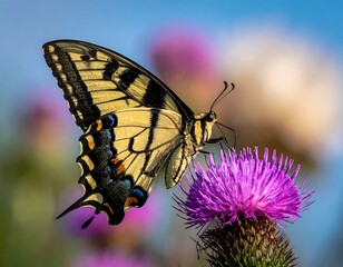 A colorful butterfly perches on a vibrant purple flower with blue sky
