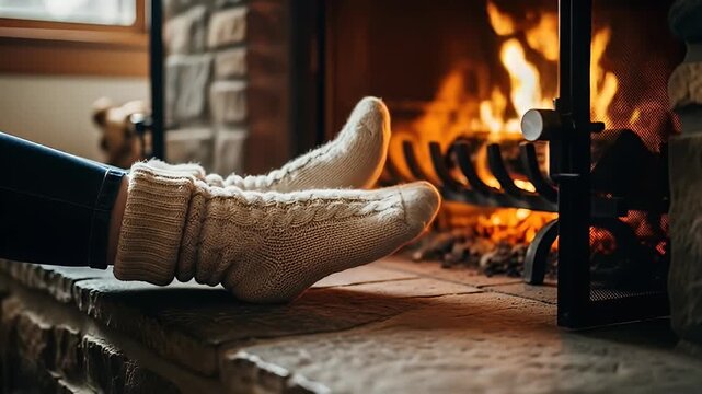 Cozy socks warming by a crackling stone fireplace create a relaxing atmosphere
