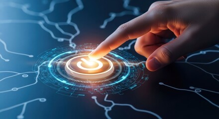 Finger pushes glowing power button on blue circuitry grid